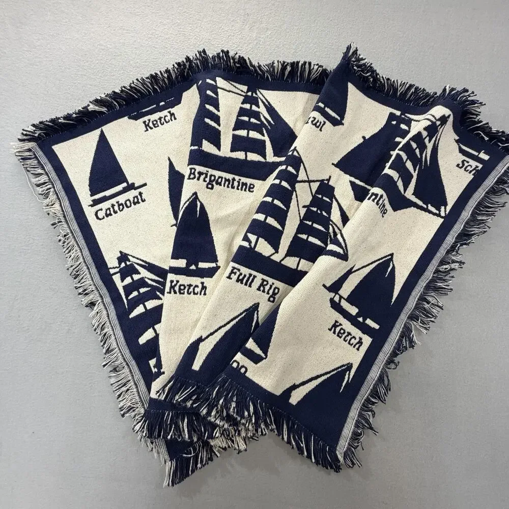 Nautical Sailboat Woven Throw Blanket Navy Blue Maritime Sailing Fringe Tapestry
